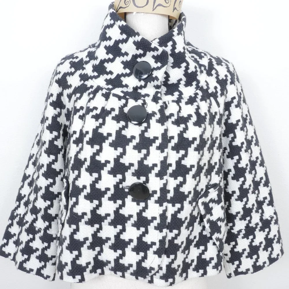 Nygard Black White Houndstooth Design Retro Coat Wide Half Sleeve SZ 8 Jacket - Picture 1 of 14